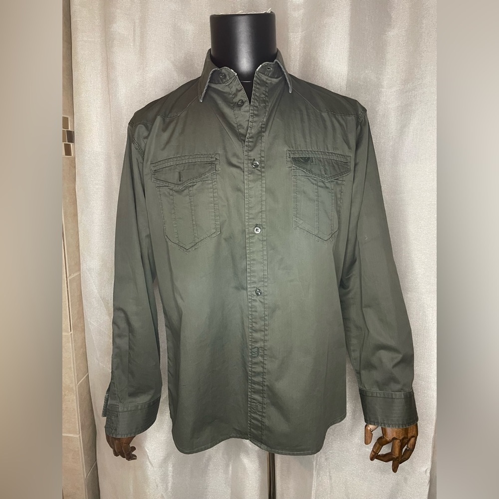Armani Jeans Long Sleeve Shirt Green Size XXL, Double Breast Pockets Elbow Patch - Picture 3 of 12